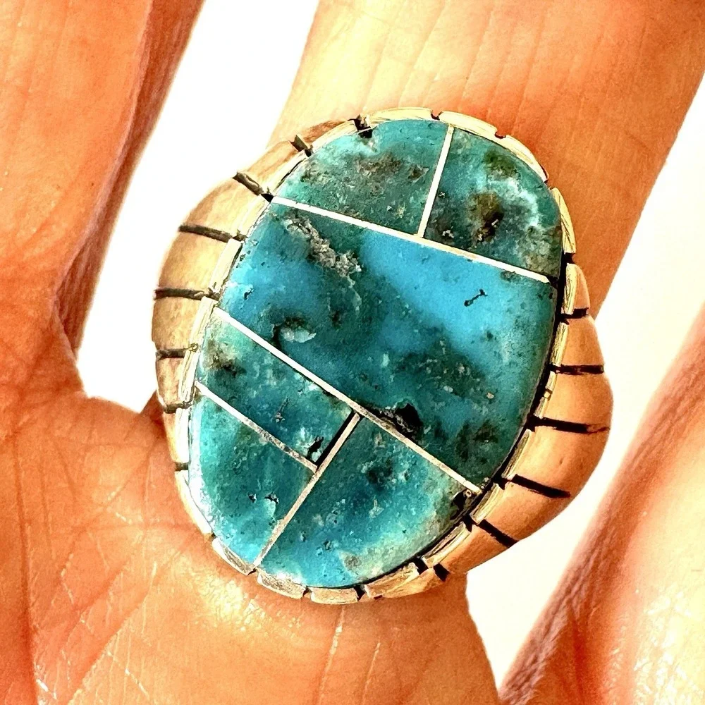 Turquoise Inlay Mens Ring Sz‎ 12 Oval Navajo Signed T Jack Sterling Mosaic 20mm